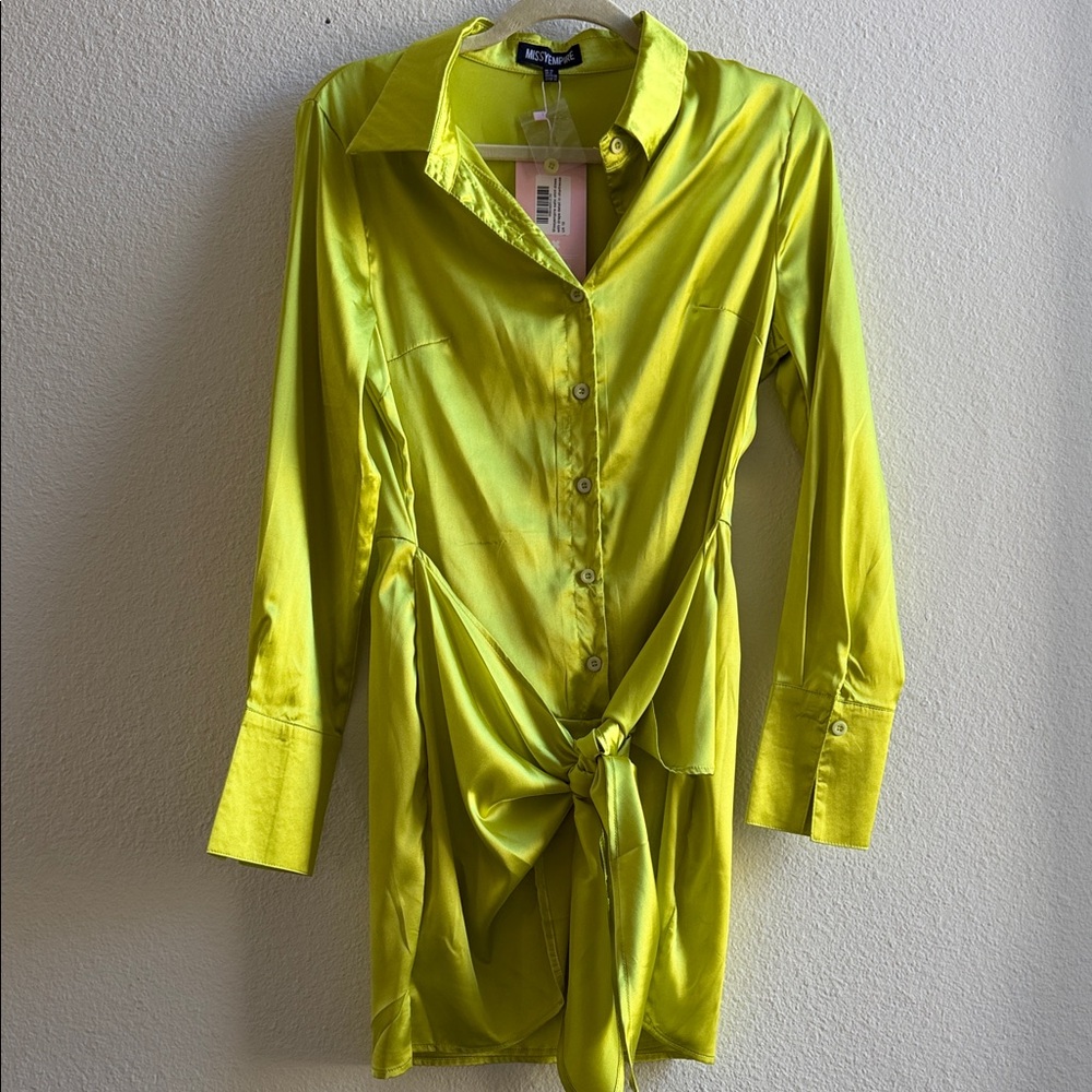 Vibrant Lime Satin Long sleeve Shirt Dress Size 6